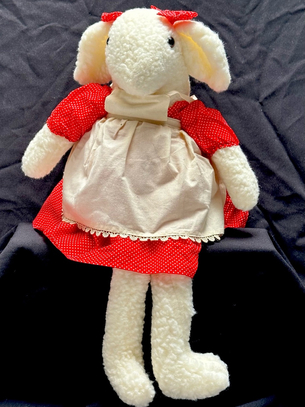 New VTG shelf sitter 20”Country Bunny Rabbit /Lamb Plush Apron Polka Dot dress